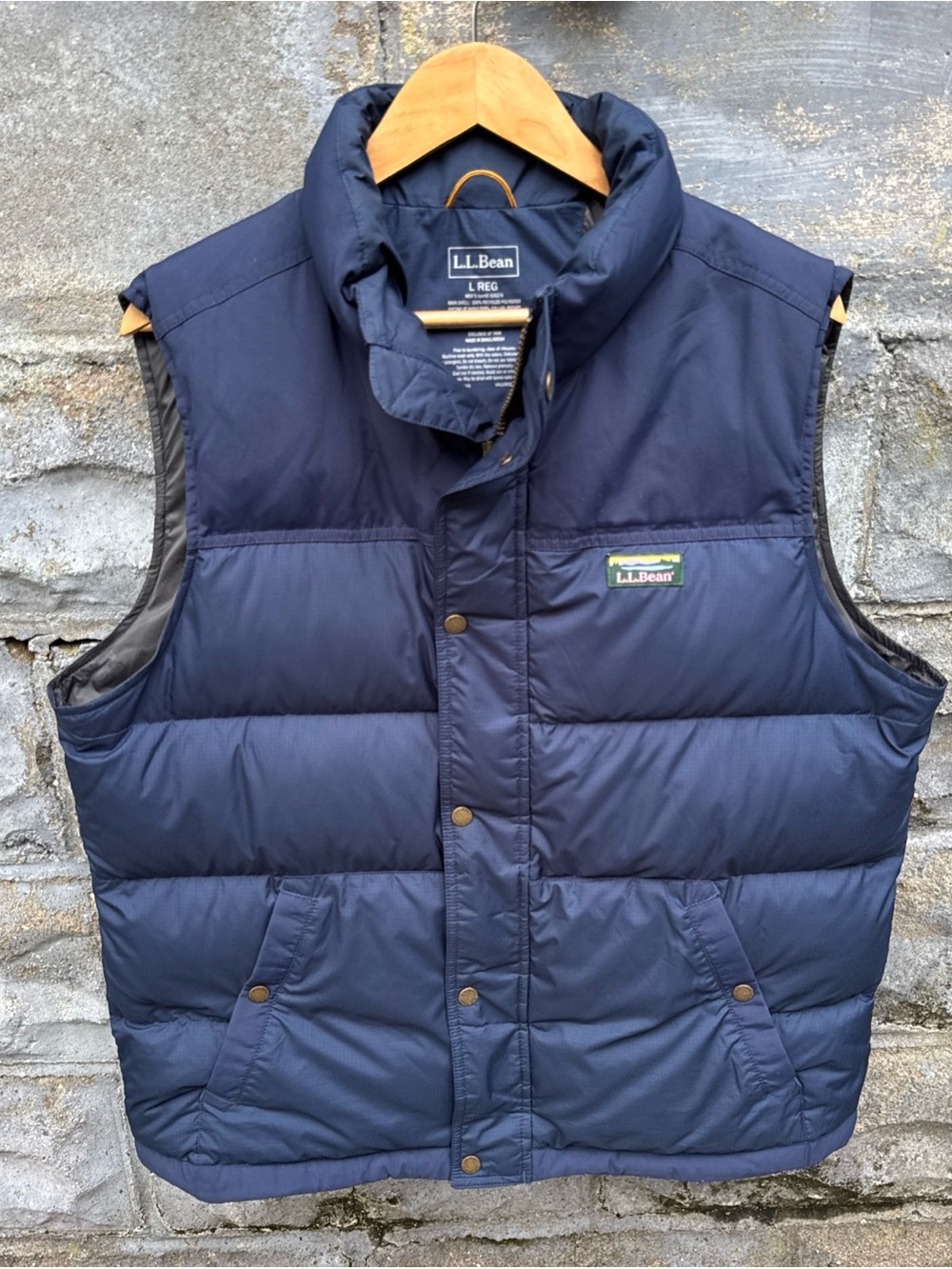 LL Bean Down Puffer Vest Mens L Blue Snap